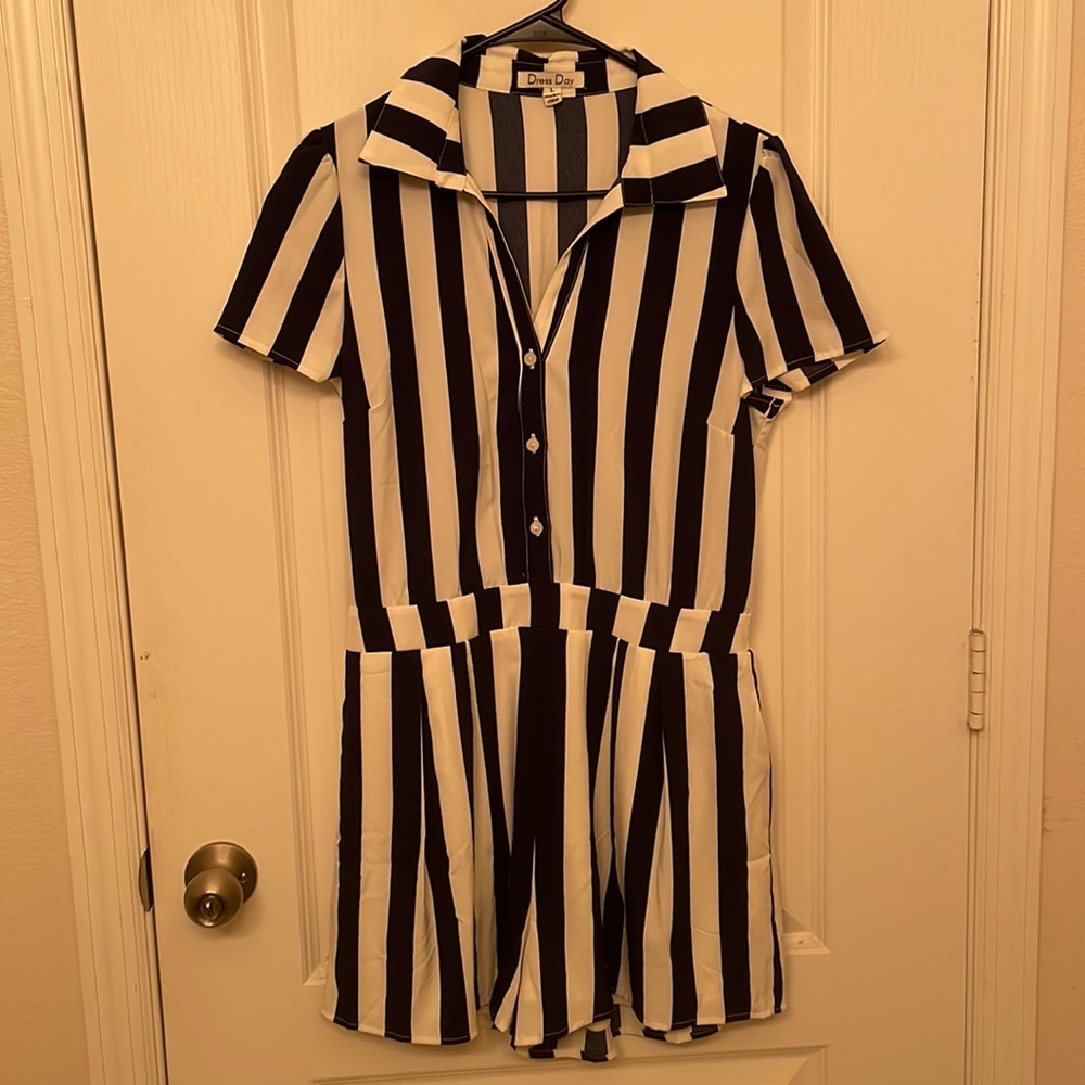 Blue and White Striped Romper